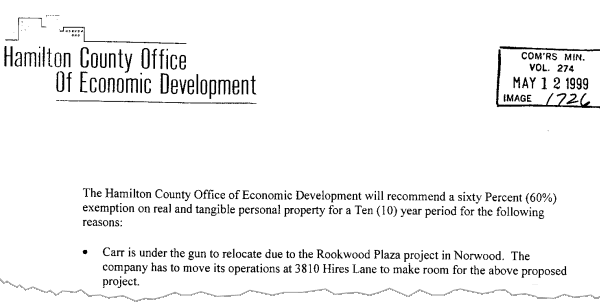 Hamilton County Office of Economic Development package for relocation of Carr Tool Company