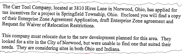 Hamilton County Office of Economic Development package for relocation of Carr Tool Company