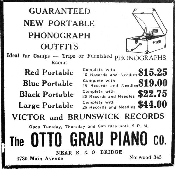 1929 Otto Grau Piano Company advertisement for phonographs