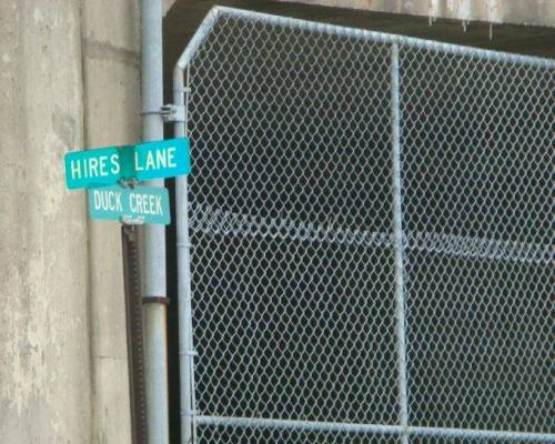 street sign at Duck Creek Road and Hires Lane