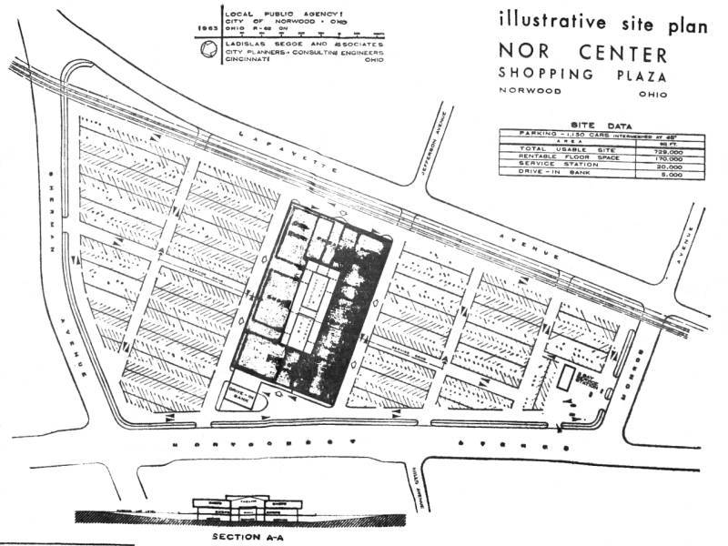 1963, preliminary drawing of Nor-Center, a proposed shoppng center.