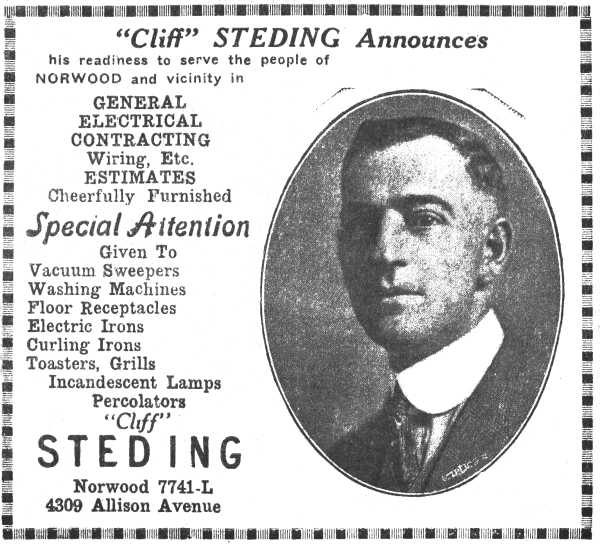 1929 'Cliff' Steding advertisement for electrical contracting and appliance repair services